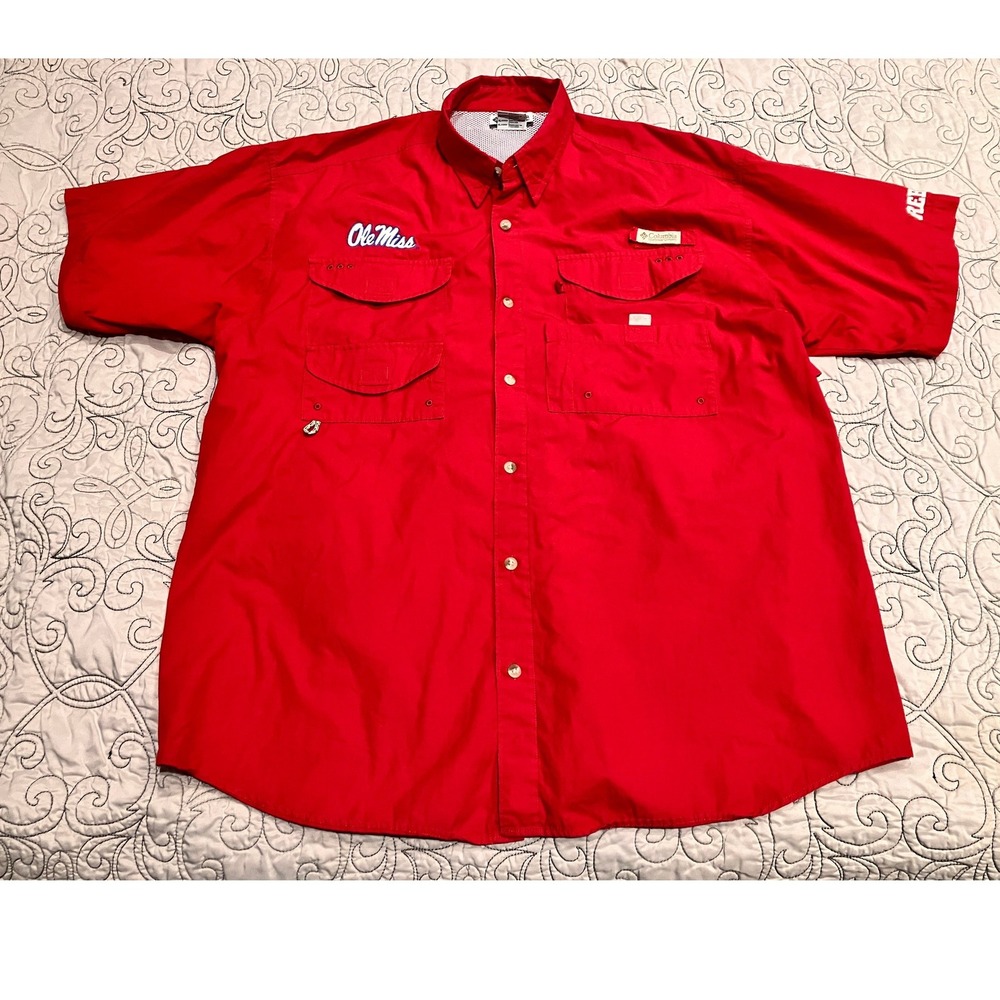 Columbia PFG Ole Miss Rebels Mens XL Red Short Sleeve‎ Fishing Shirt XM7891